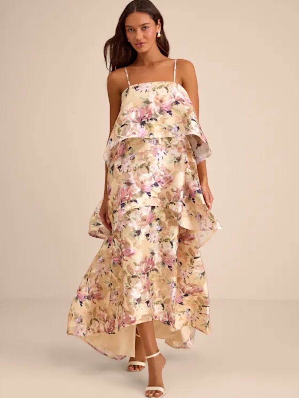Lulu's Floral Tiered Maxi Dress in Cream and Pink